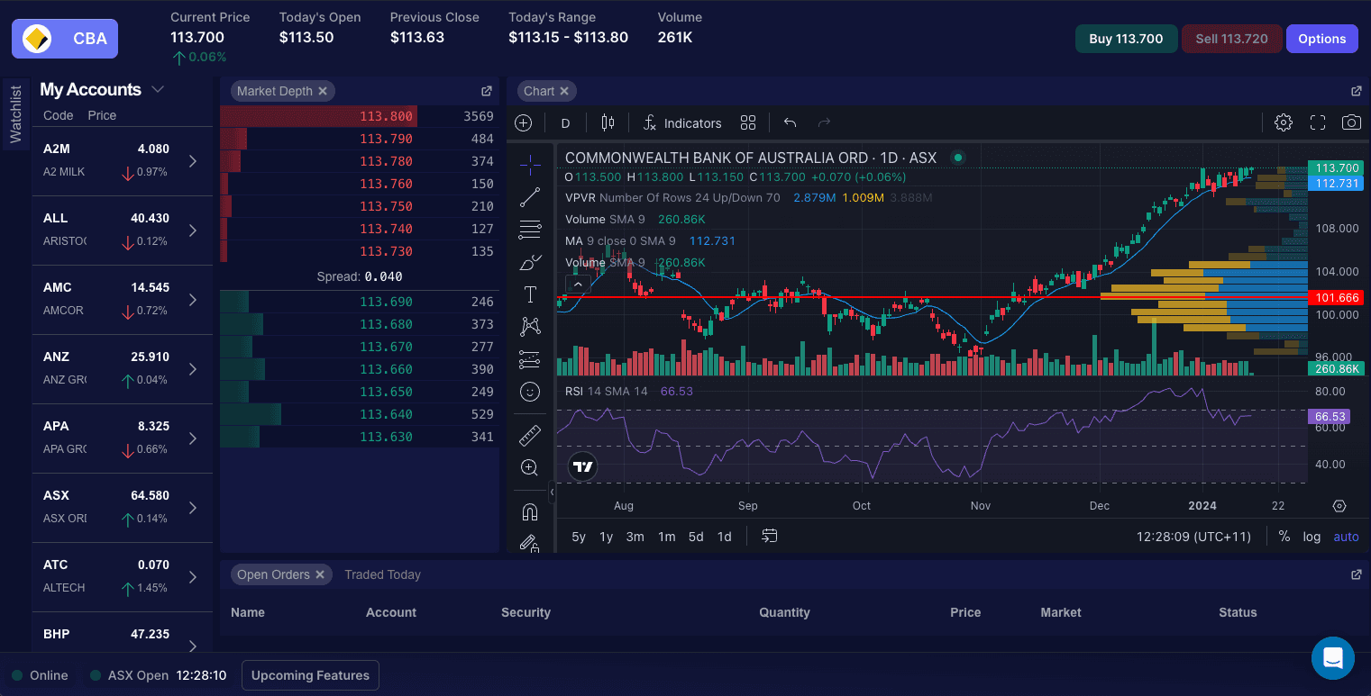 tradeidea trading dashboard with ASX market depth and integrated charting